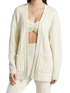Ronny Kobo Wool Cashmere Cardigan XS Cream Oversized Long Pocket Sweater